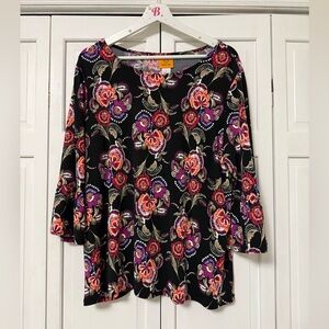 Ruby Rd. Black Floral Women's Blouse 3/4 Sleeve Mature Modest Stretchy Large